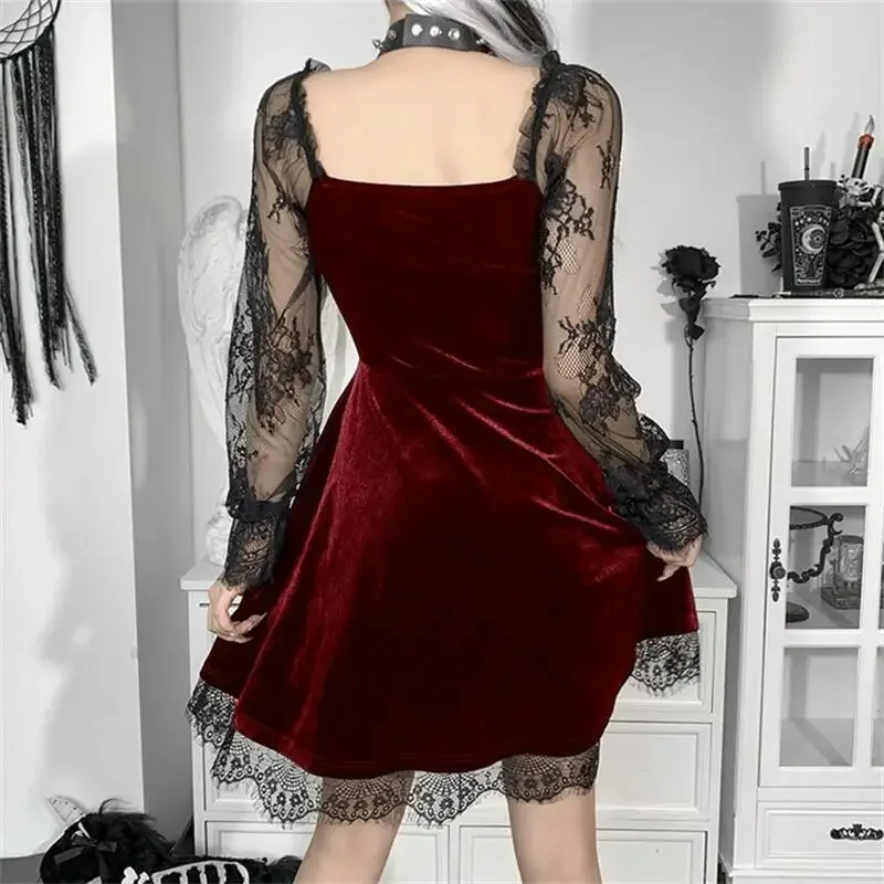 Robe Gothic en Velours en Dentelle pour Femme, Bretels Spaghetti, Punk, Mini Cami, Costume de ixCosplay