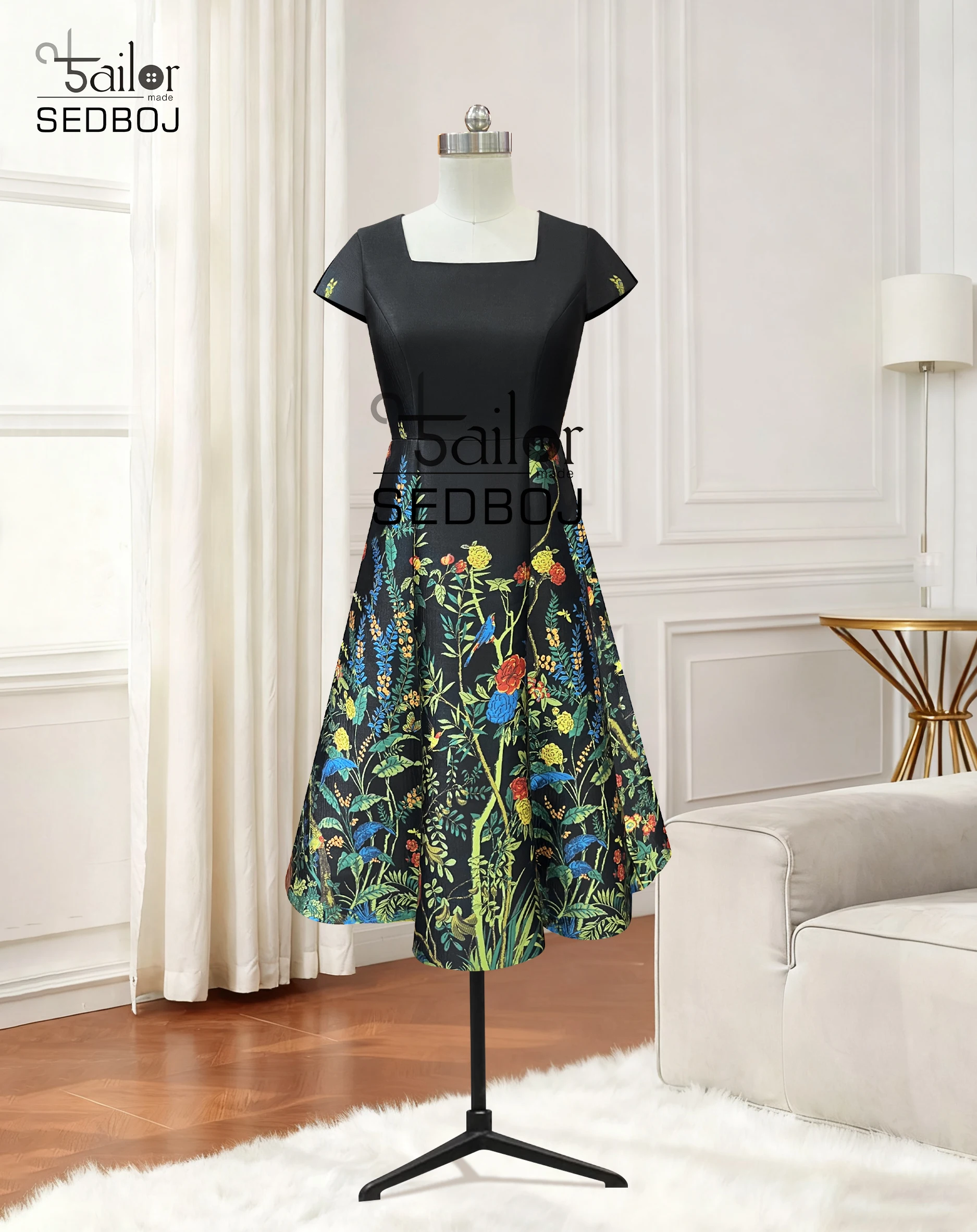 

Black floral square neck fashionable knee length A-line dress