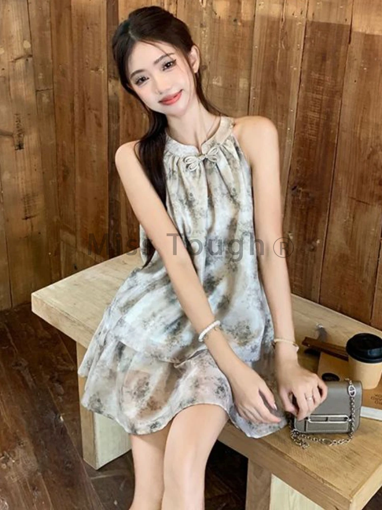 2000S Aesthetic Floral Fairy Retro 2 Piece Sets Women Bow Chiffon Y2k Design Elegant Skirt Suit Female Sleeveless Casual Clothes