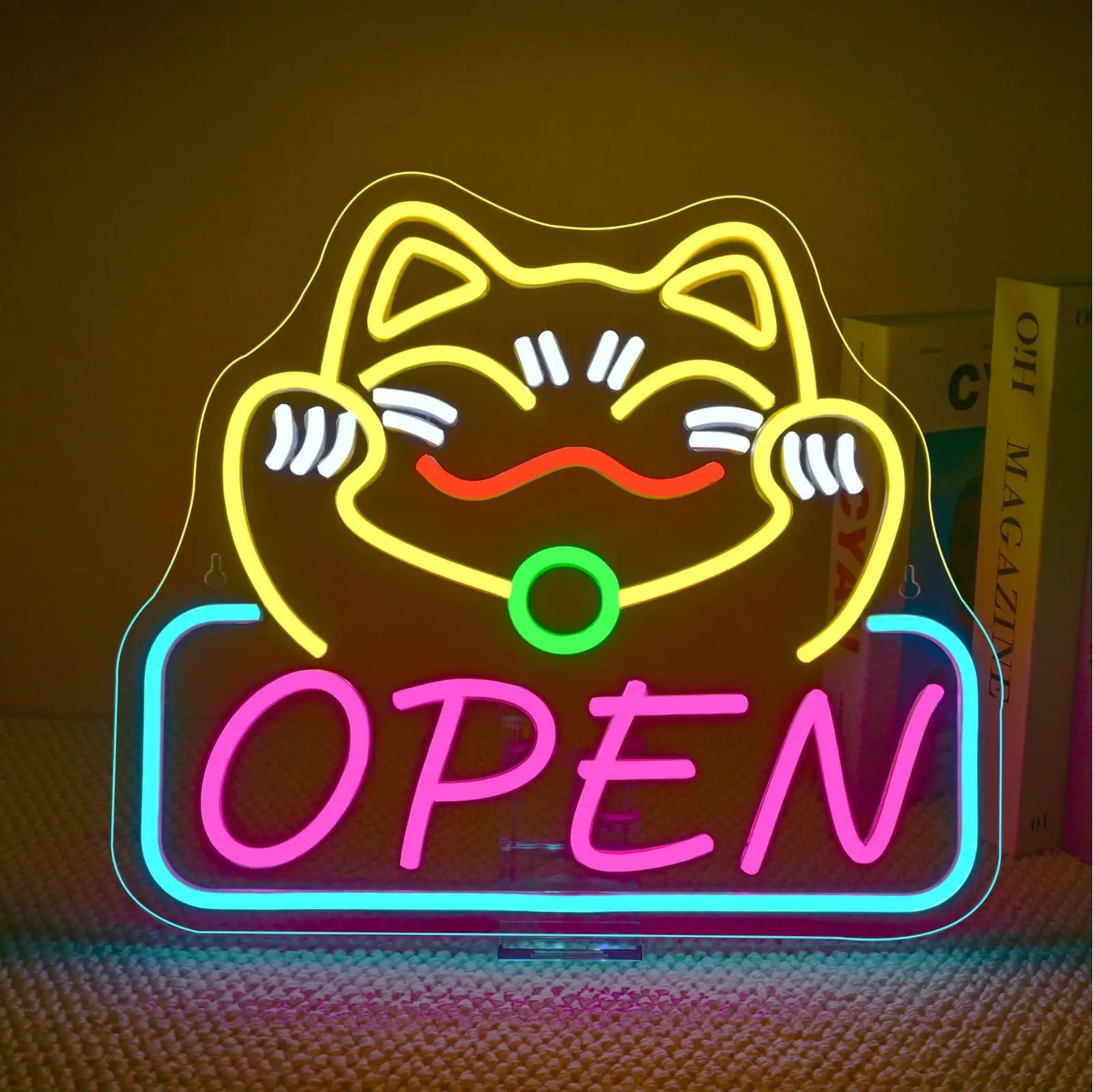 Enseigne néon ouverte Lucky Cat, enseignes néon chat mignon pour décoration murale, lumière LED pour restaurants, rameneries, izakayas, restaurants de sushis, boutiques