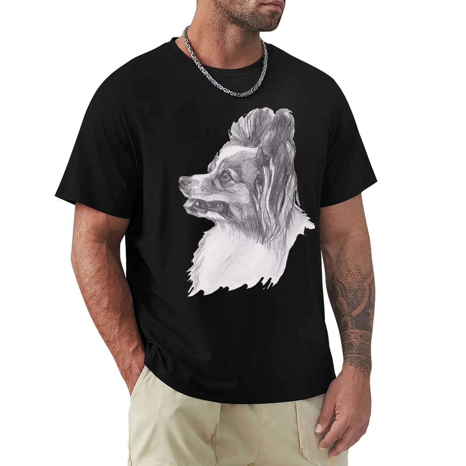 Classic Papillon Dog Profile Drawing T-Shirt Holiday Lightweight T-Shirt