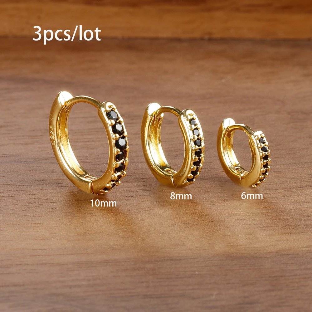 3pc Set Simple Stainless Steel Crystal Small Hoop Earrings