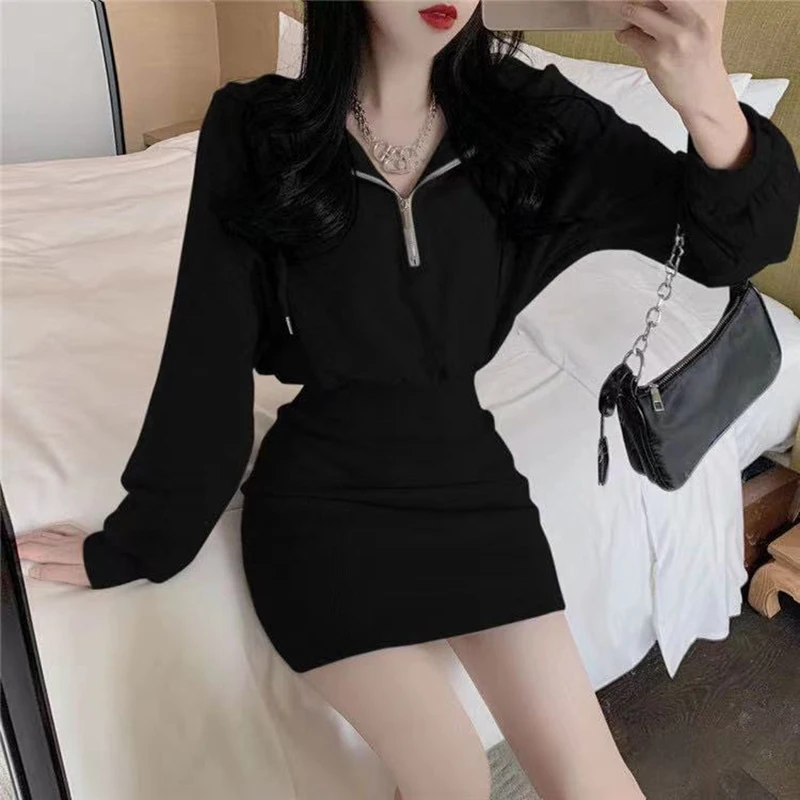 Sexy Slim Female Dress 2022 Summer New Solid Puff Long Sleeve Short Hooded Sweater Skirt High Waist Bag Hip Women Dresses