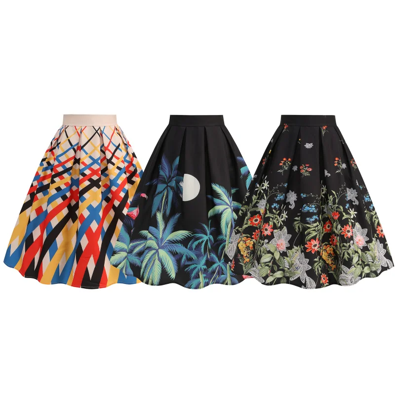 SkirtHot Selling Hepburn Retro High Waist Positioning Print Versatile Fashion SlimmingALarge Print Half-Length Umbrella Skirt fo