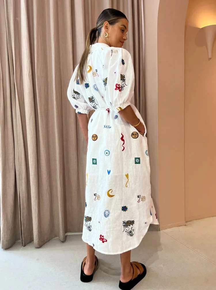 Vestido camisero largo con estampado gráfico para mujer, prenda elegante y elegante de manga 2024, holgada, estilo bohemio, con bolsillo, color blanco, novedad de otoño 3/4