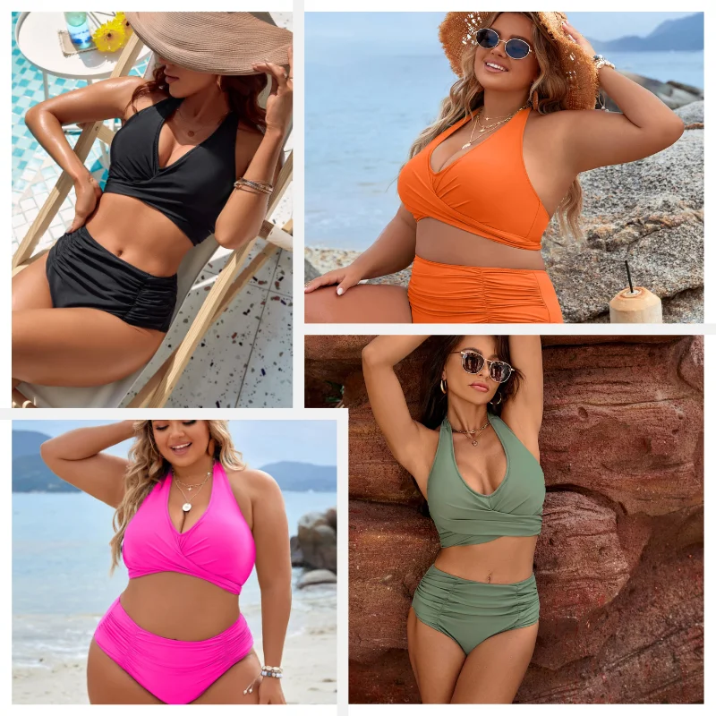 おなかコントロール水着 控えめなハイウエストビキニセット、ソリッドカラーのバックレスおなかコントロール女性用水着&衣類