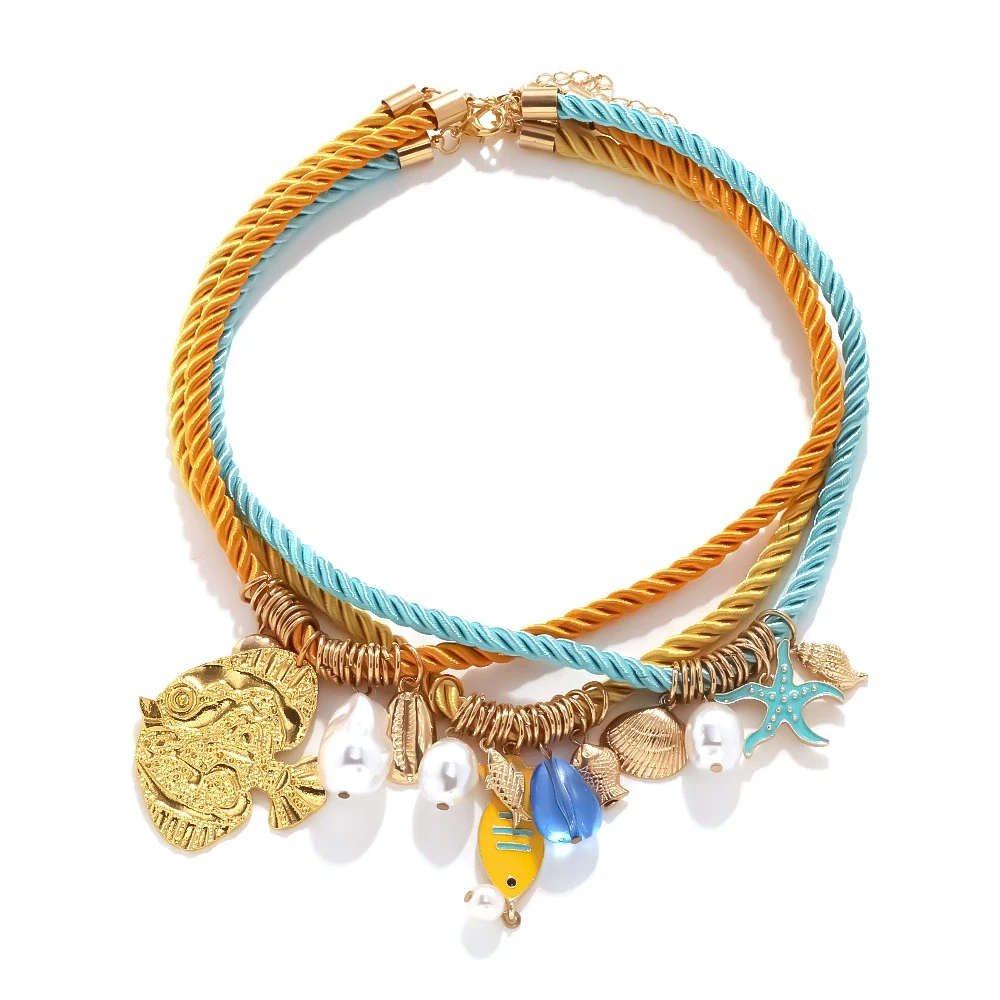 

Summer Beach Jewelry Accessories Ocean Style Fish Starfish Shell Pendant Charms Bohemian Layered Rope Choker Necklace for Women