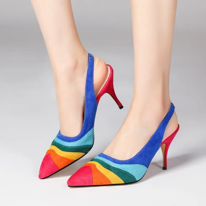 Summer New Rainbow Mixed Color 8cm High Heel Sandals  Women's French Pointed Shallow Mouth Runway Banquet Wedding Shoes size 43