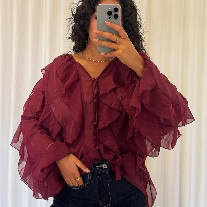 Womens Thin Blouses 2025 Spring Women's Fashion Flowy Layered Decorated V-Neck Long Sleeve Shirt Trendy Chic Casual Formal Wear