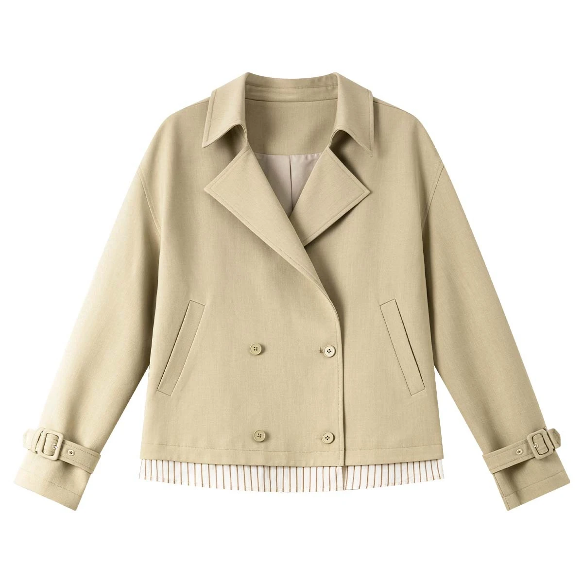 VIMLY Women's Midi Khaki Trench Coat Autumn 2025 Office Wear Striped Cuff Long Sleeve Pleated Trench Femme Straight Coats A0551