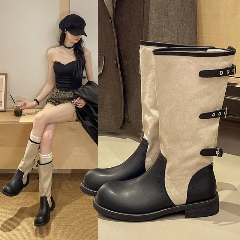 2026 Retro Women Boots Spring Summer New Round Toe Short Boots Buckle Strap Genuine Leather Canvas Women Shoes Zapatos De Mujer