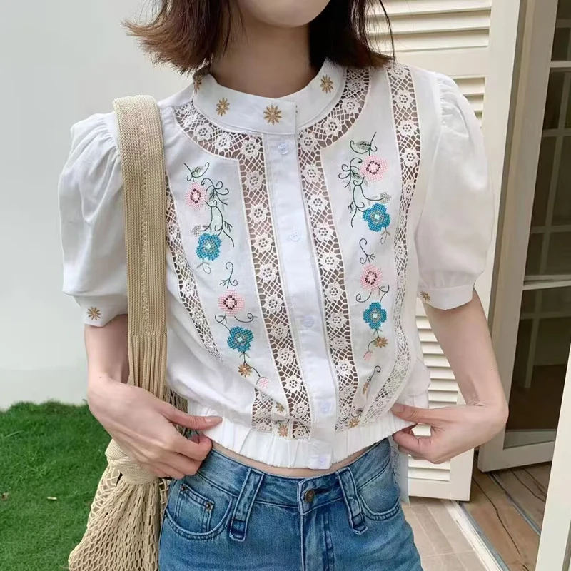 

Korean Style Embroidered Lace Hollow out Bubble Sleeve Stand Collar Short Sleeve Women's Shirt Breathable Skin-Friendly