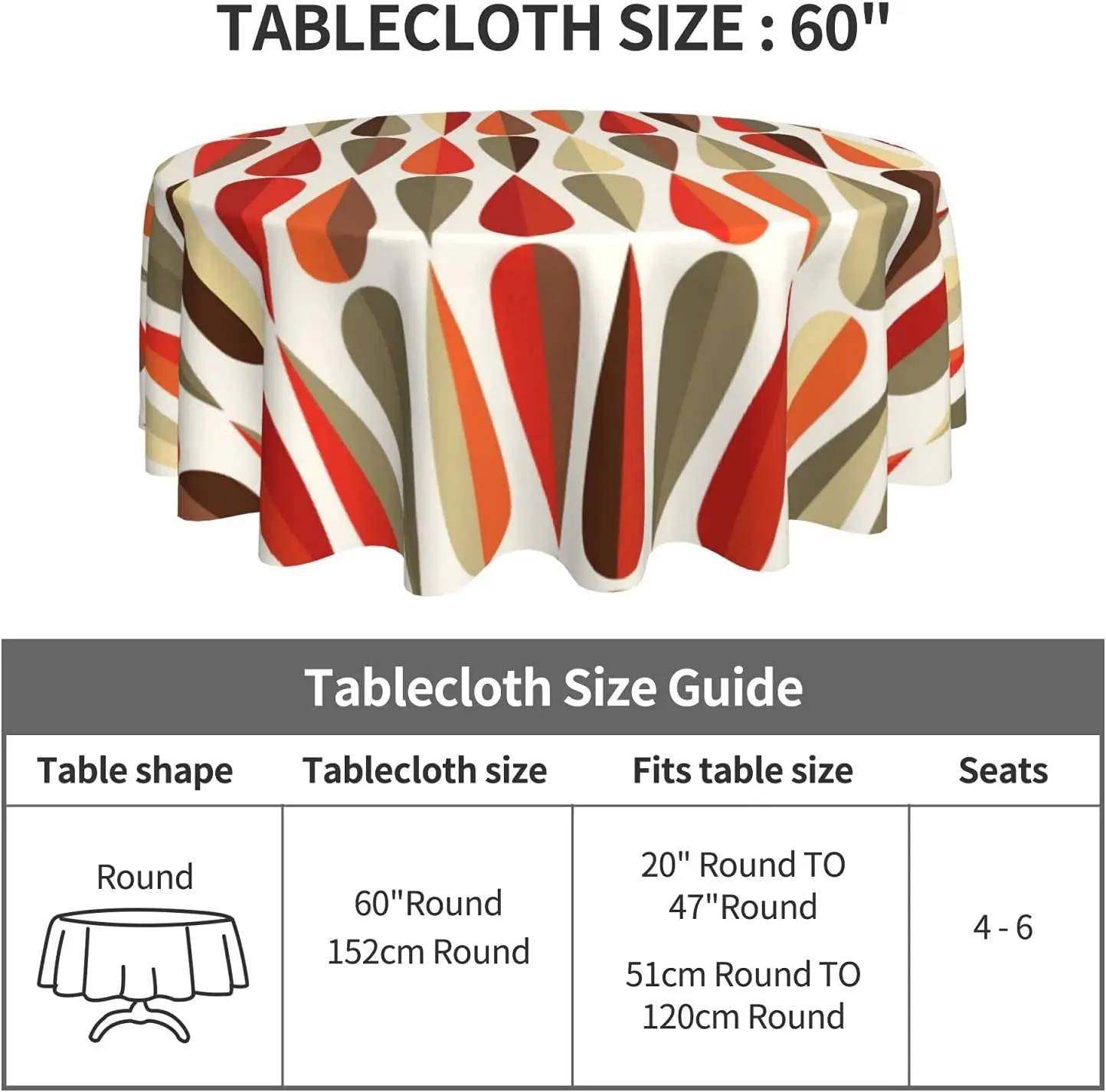 Retro Mid Century Geometric 3 Round Tablecloth Cloth Washable Table Cover Table Cloth for Dinning Party Tabletop Decor 60 Inch