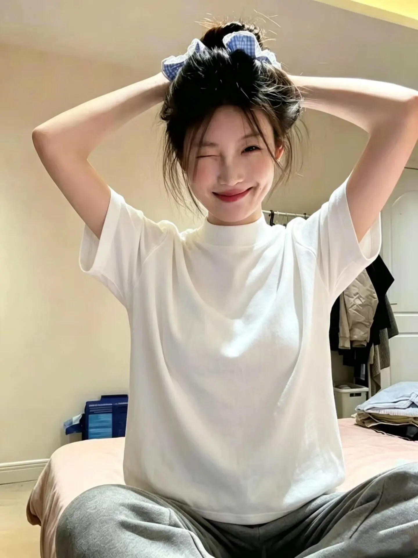 2026 New Women's Loose Fit Short Sleeve High Neck T-Shirt White Basic Style Comfortable Cotton Commute Fashion Casual Wear