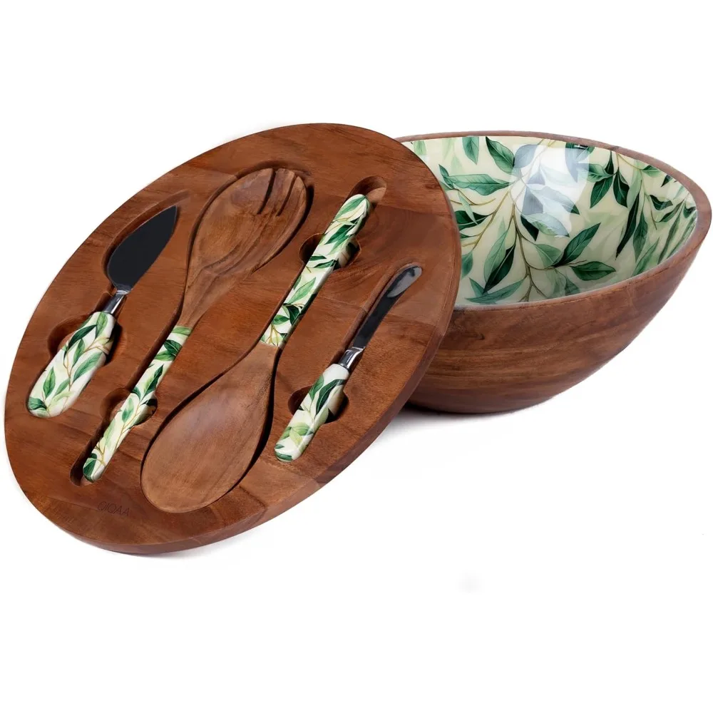 

Wooden Salad Bowl For Food | Herringbone Inlay Lid Salad Tongs cheese knives | No Leaks | Designed in USA