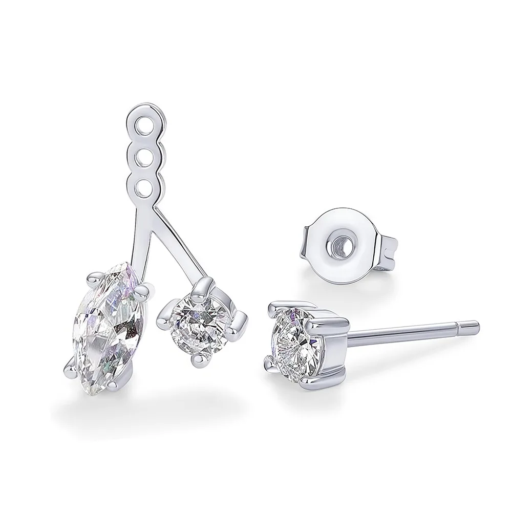 925 Sterling Silver Moissanite Earrings | Adjustable 2-in-1 Cluster Drop Earrings with Marquise & Round Cut Diamond Simulant
