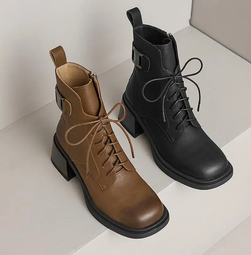 

Autumn Winter Genuine Leather Shoes Woman Daily Leisure Martin Boots Women Heels Square Toe Lace Up Zip Mid Boots Size 34-40