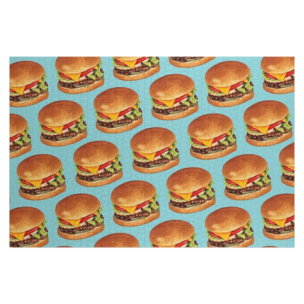 Cheeseburger Pattern 4 - Blue Jigsaw Puzzle Picture Custom Gifts Custom Child Gift Wooden Decor Paintings Puzzle