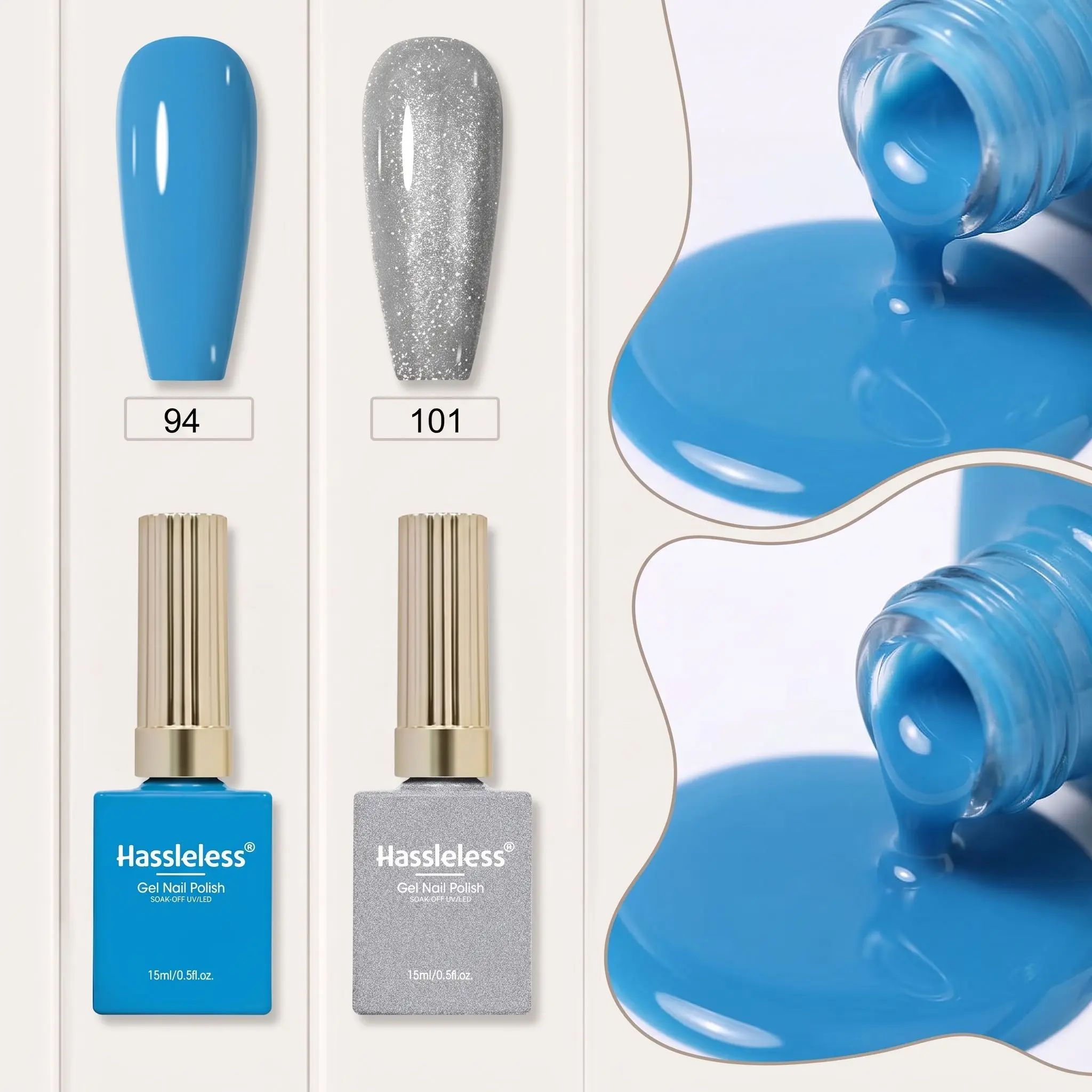 Hassleless 2Pcs Internet Celebrity Style Nail Gel Polish Set, Two-Pack, Glossy Lake Blue Solid Color Nail Gel Polish, Silver Glitter Nail Gel Polish, Simple Color-Blocking Nail Art Creation Set