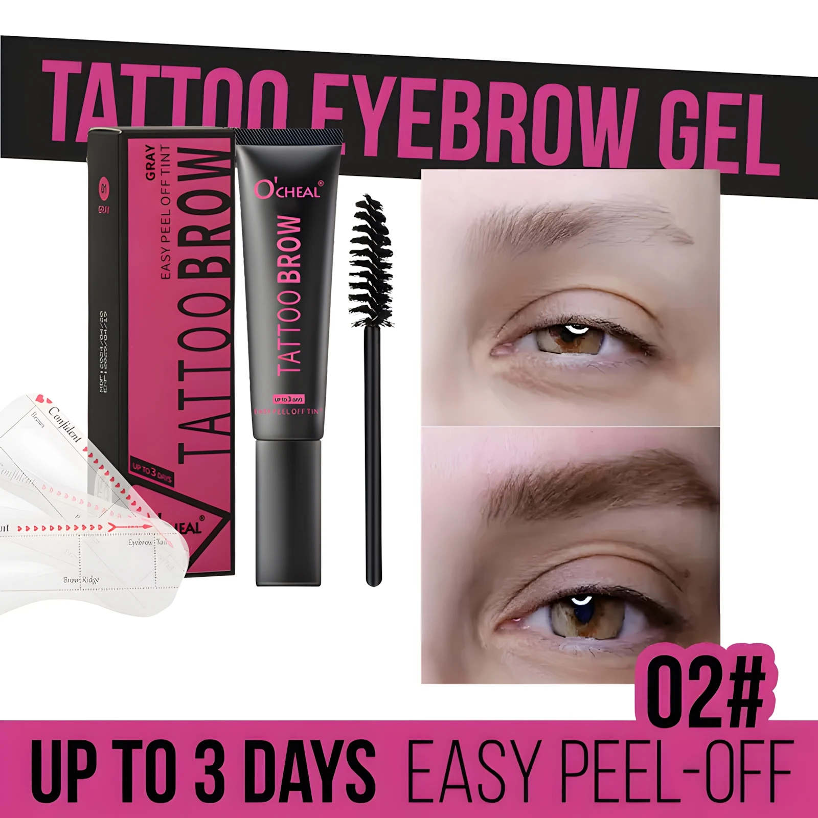 Waterproof Tattoo Brow Peel Off Tint with Stencils - Semi-Permanent Eyebrow Tint Lasts Up to 3 Days - Easy to Apply and Long-Las