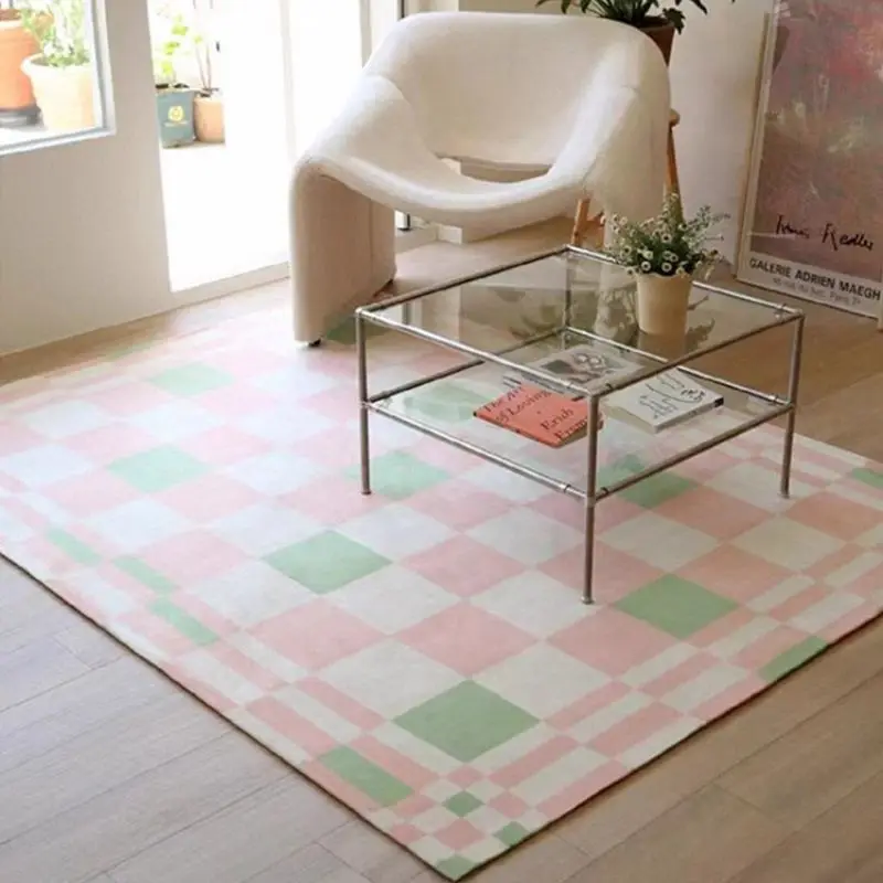 Pink Green Checkered Area Rugs, Nonslip Washable Carpet, Bedroom Living Room Soft Rugs Faux Wool Carpet Indoor/Outdoor Rug