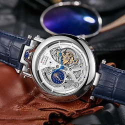 Tourbillon Hollowed Mechanical Wristwatch Watch Men Automatic Moon Phases Transparent Skeleton Mechanical Watch Leather Male