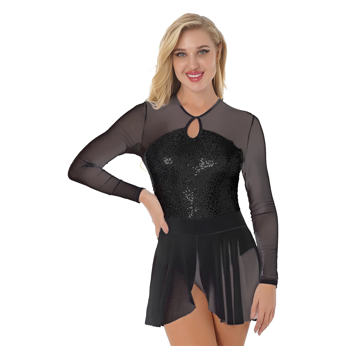 Women Sheer Mesh Ballet Dress Skating Leotards Glitter Sequins Long Sleeve Asymmetrical Hem Lyrical Dance Dress Dancewear