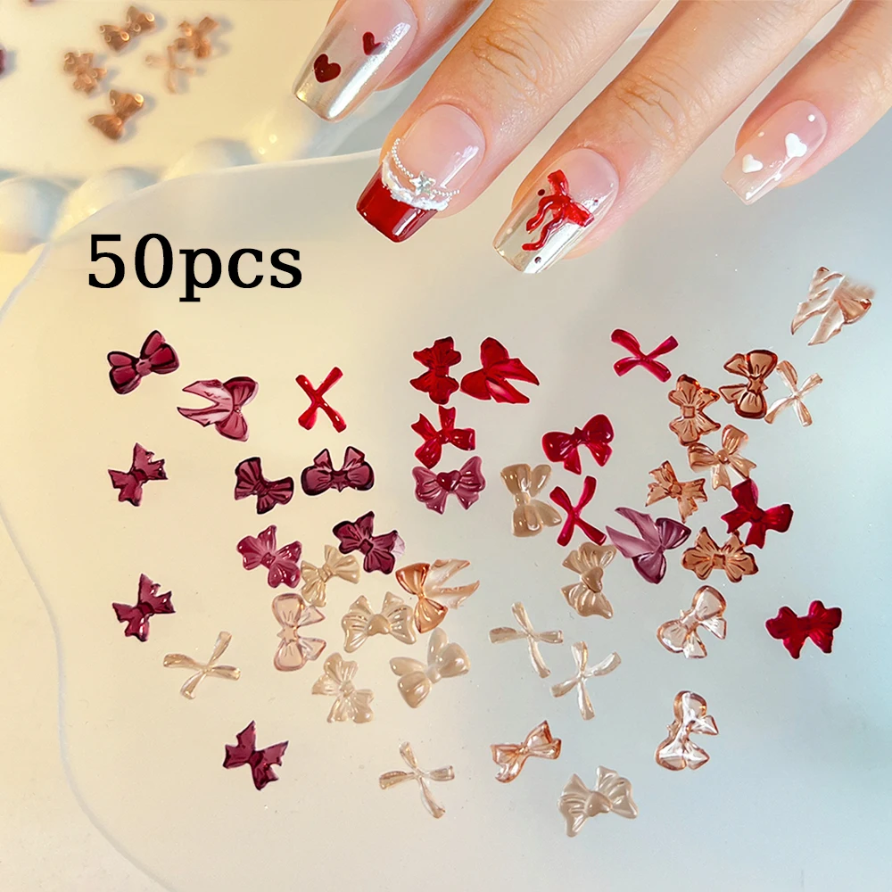 50pcs Coquettish Bows Ribbon Nail Charms 3D Mix Irregular Lace Resin Bow Tie Nail Art Decorations Mini Bowknot Manicure Supplies