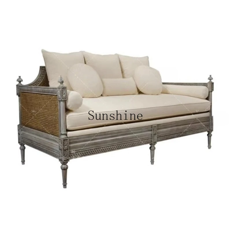 

American all-solid wood rattan art sofa bed made old carved rattan multi-functional three-person furniture