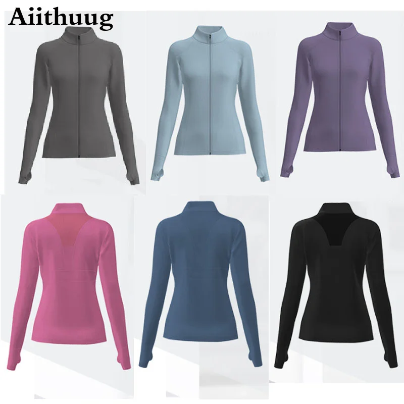 Aiithuug Women\'s Long Sleeves Sports Running Shirt Breathable Gym Workout Top Women\'s Yoga Jackets with Zipper with Finger Holes