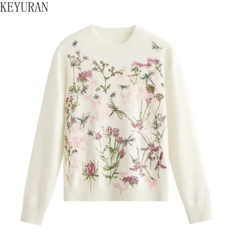 Flower Embroidery Pullovers Sweater Women 2024 Autumn Vintage O-Neck Long Sleeve Jumpers Ladies Chic Knitwear Tops Sueter Mujer