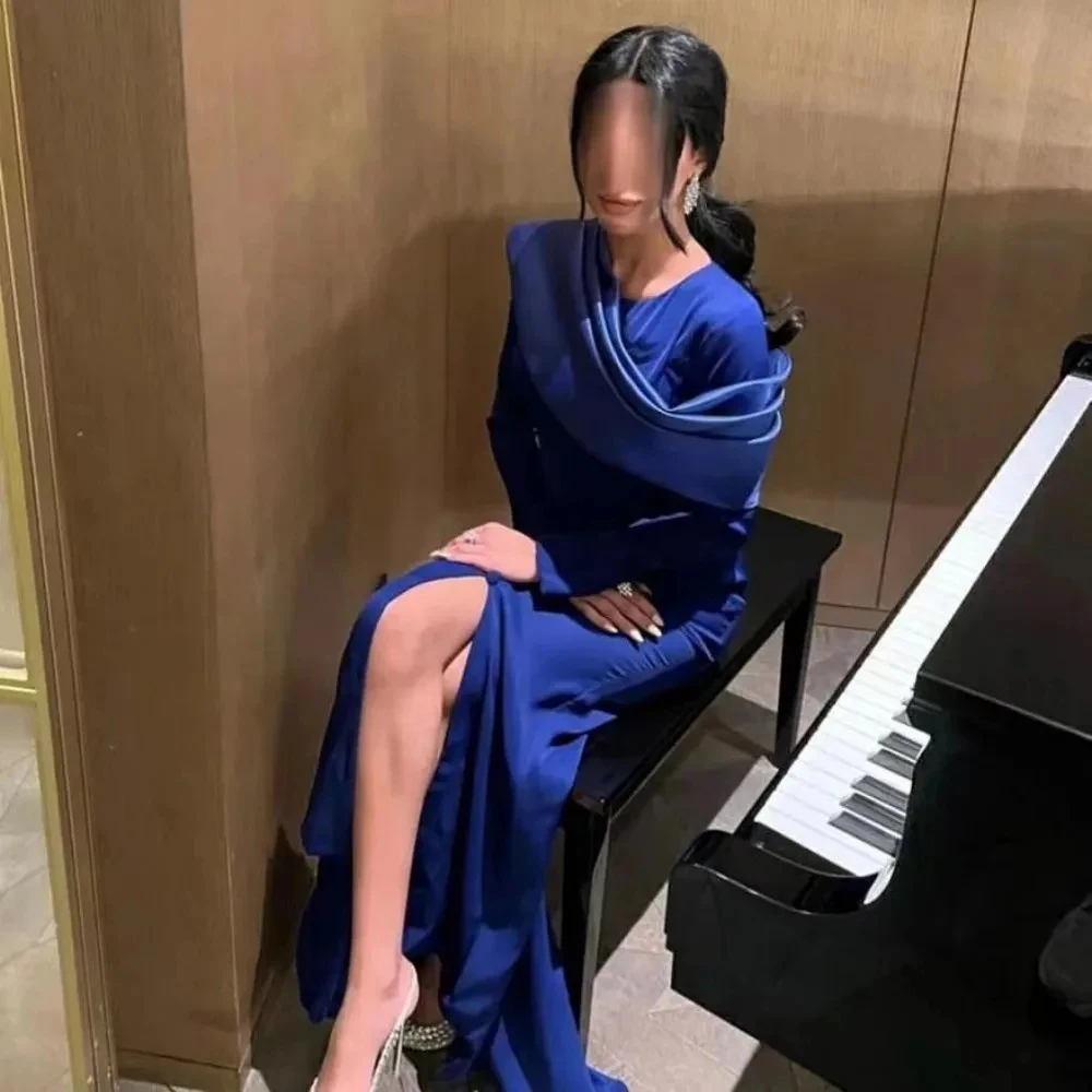 

Customized Simple Satin Fashion Evening Dresses O-neck Full Sleeves Buttons Front high-Slit Prom Dress Floor length Formal Gowns