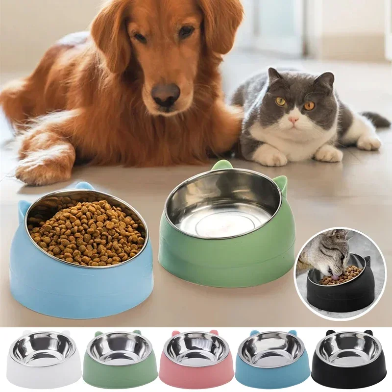 Stainless Steel Cat Bowl Non Slip Puppy Base Cat Food Drinking Water Feeder Tilt Neck Protection Dish Pet Bowl 100/200/400/800ML