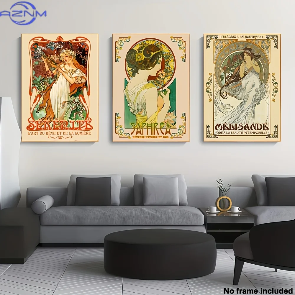 3pcs 3pcs French Mucha Style Female Figure - Frameless Canvas Posters Suitable for Living Room Decor, Modern Classic Suitable f - view 4