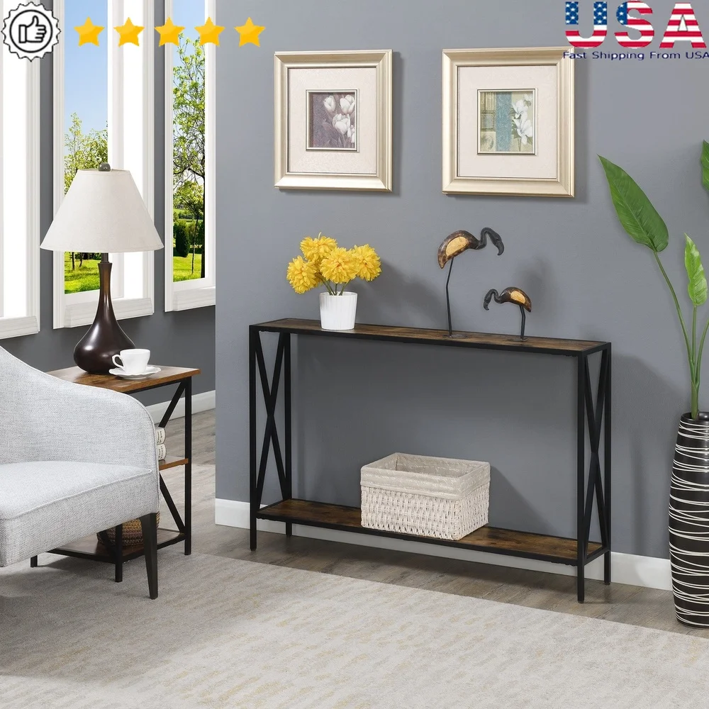 

Tucson Console Table with 2-Tier Wooden Shelves Indoor Storage Solution Collectibles with Crisscross Metal Frame Easy Assembly