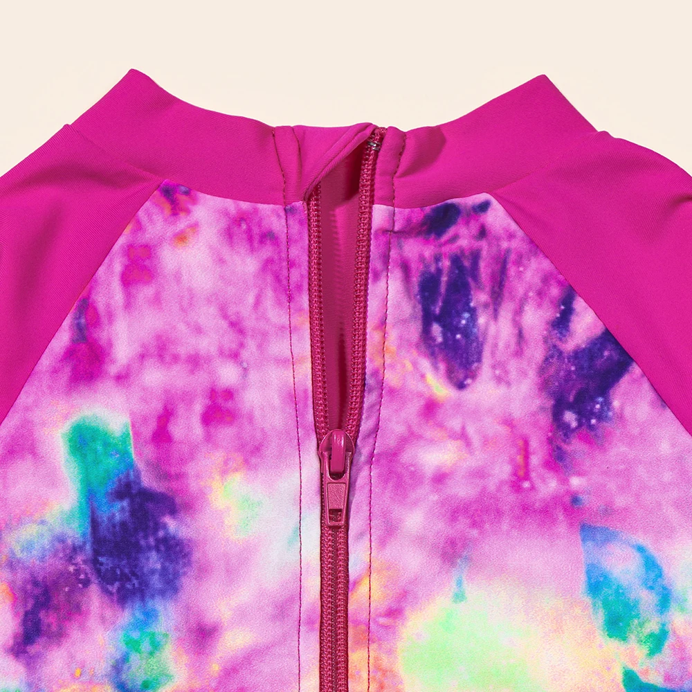 Kids Girls Swimwear Tie-Dye Printed Ruffles Long Sleeve Zipper Beachwear Outfits One-piece Bathing Suit