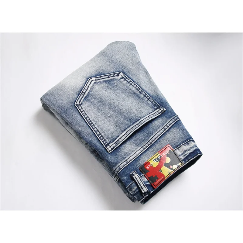 Jeans slim fit masculino, jeans estampado vintage, moda de rua alta, personalidade estilo punk, nostálgico, calças de motocicleta bonito