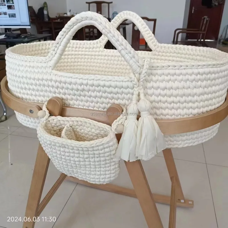 Handmade Crochet Baby Changing Basket, Cotton Moses Basket Dresser with Upholstered and Waterproof Cover