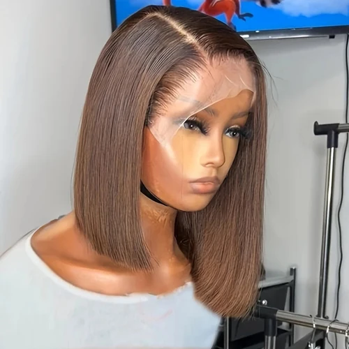 180% 4 #   Peluca Bob 13x4 peluca con malla Frontal pelucas de cabello humano de color marrón Chocolate pelucas frontales de encaje recto marrón 100% pelucas Remy en venta