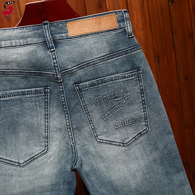 High-End Denim Shorts for Men 2024 Summer Fashion Embossing Hole & Patch Korean Slim Straight Elastic Capri Pants