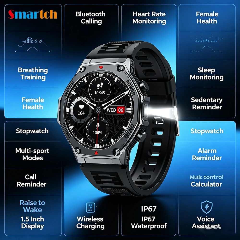 

Business BT Call Smartwatch Waterproof Outdoor Smart Watch Men Lady Flashlight Sleep Health Monitor Multi-sport Modes Calculator