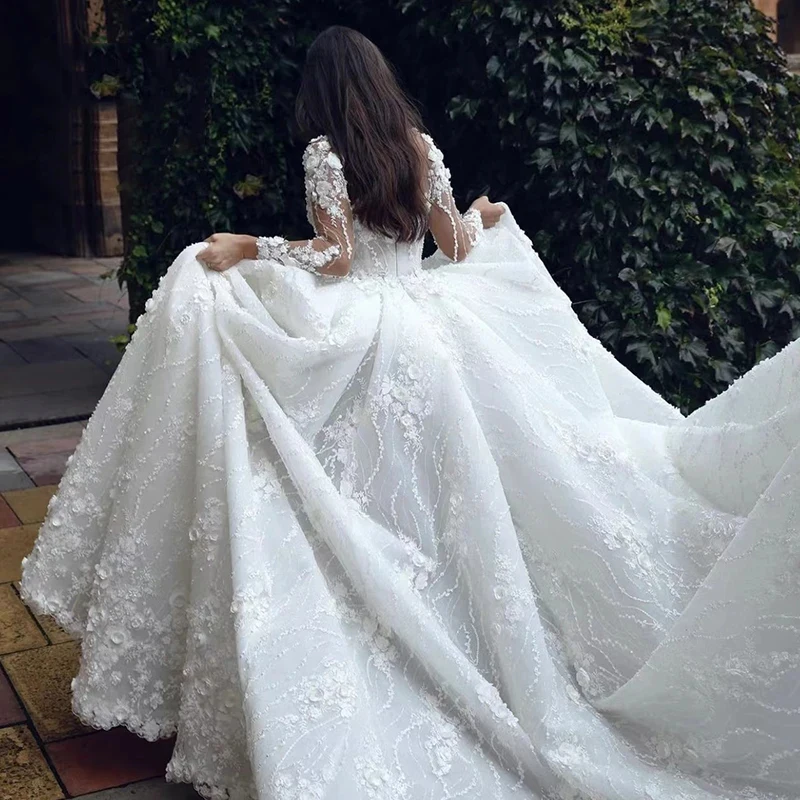 Piuttosto splendido a maniche lunghe soffice bella forcella alta abiti da sposa da sposa con scollo a v Appliques abito da sposa spiaggia su misura