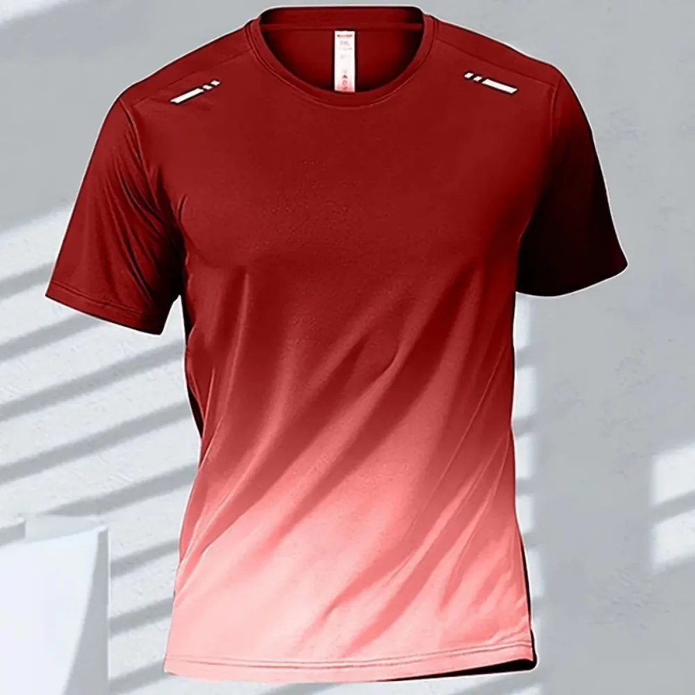 Men Gradient Color Quick Dry T‑Shirt Breathable Short Sleeve Athletic Tops Running Gym Fitness Training Sportswear For Summer