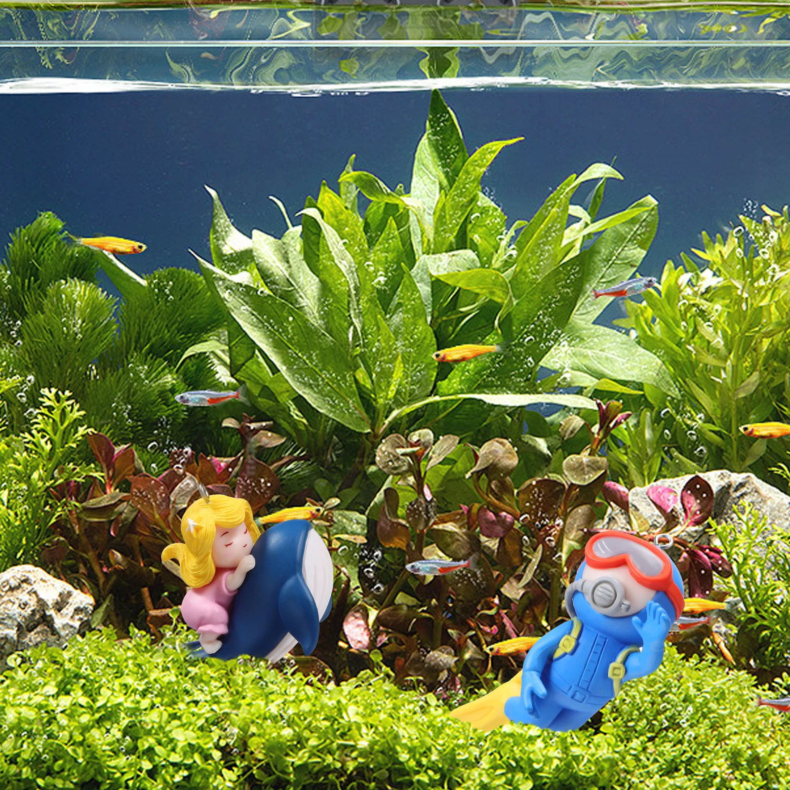 

2 pcs Floating Diver Ornament Cute Aquarium Decorations For Fish Tank Pond Desktop Whale Riding Girl Pvc Decor