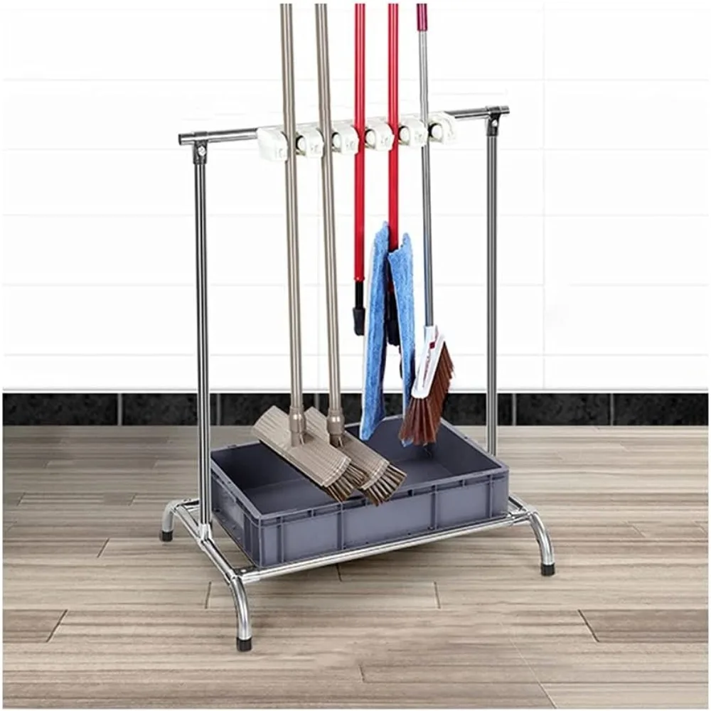 رف تخزين المكنسة والممسحة المصنوعة من الفولاذ المقاوم للصدأ لتنظيم الأدوات الصحية في الحديقة والمرآب والمطبخ