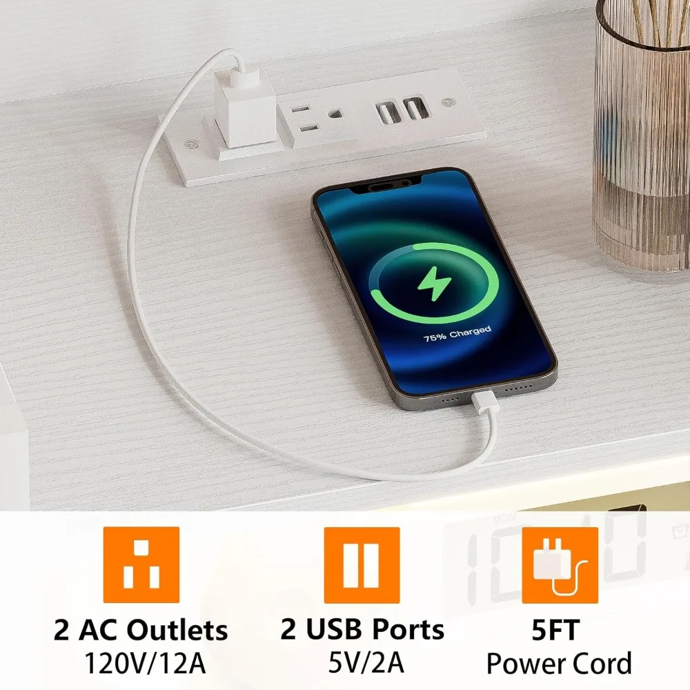 منضدة بيضاء معاصرة مع شحن USB وإضاءة LED وأدراج قماشية وخزانة غرفة نوم طويلة #5