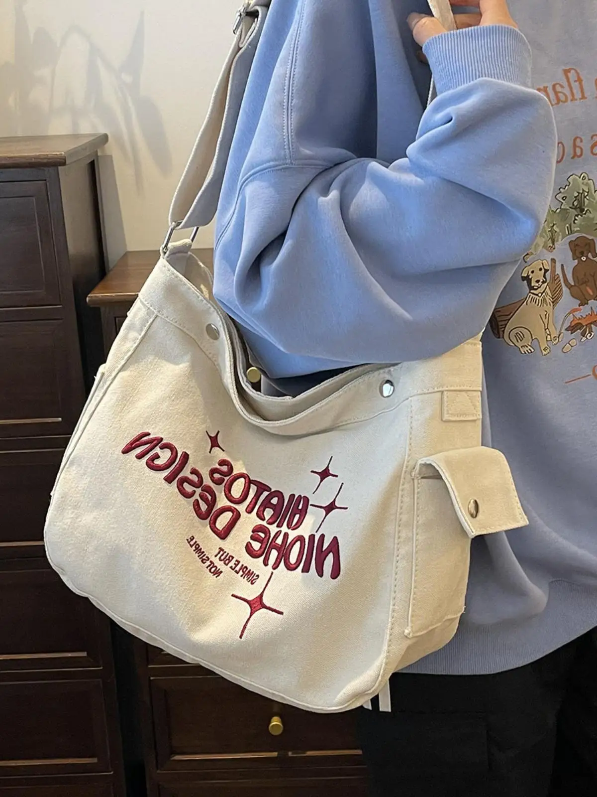 

Casual Canvas oulder Bag for Women Large Capaci Middle School Student Book Bag Handheld Bag Faionable Trendy Zipper Clo...