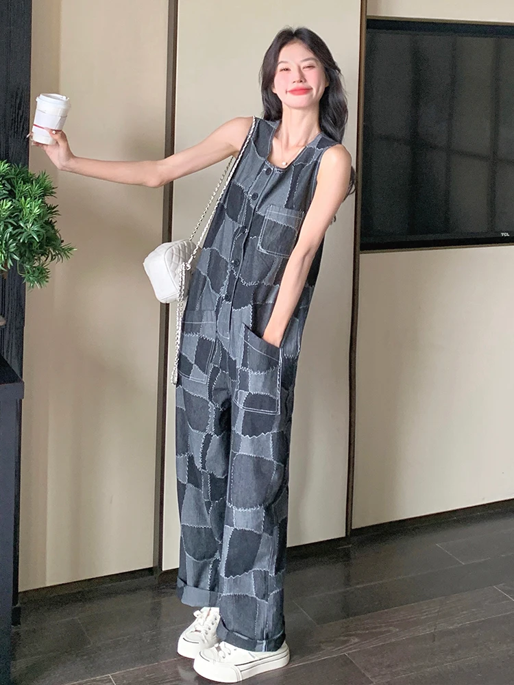 Fashionable Summer Women's Cargo Pants Short plus Size Hong Kong Style Retro Casual Long Pants Sleeveless Overalls
