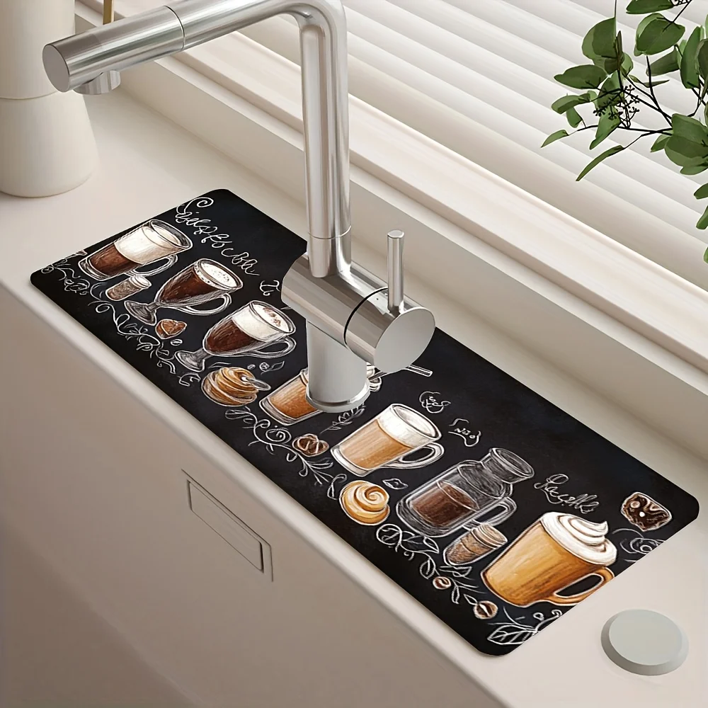 VIKAMA Vintage Coffee Pattern Rubber Kitchen Sink and Bathroom Basin Splash Guard with Water Absorption and Anti-Slip Function