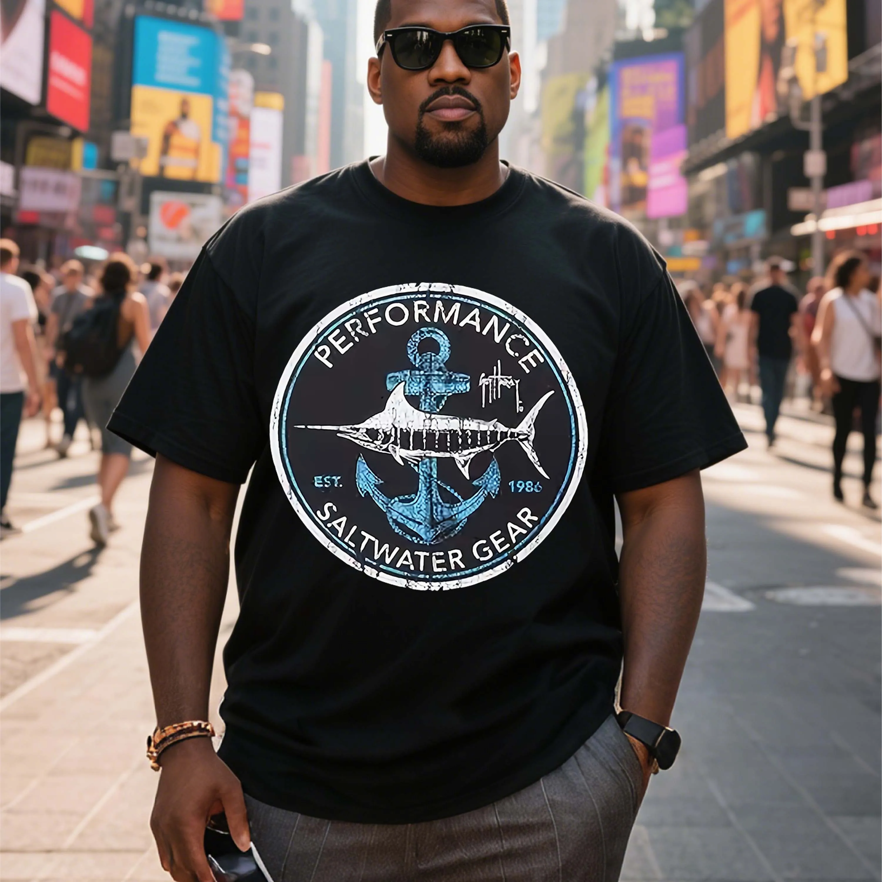 Plus Size Anchor and Fish Graphic Black Short Sleeve T-Shirt Suitable for Outdoor Leisure Wear in Summer
